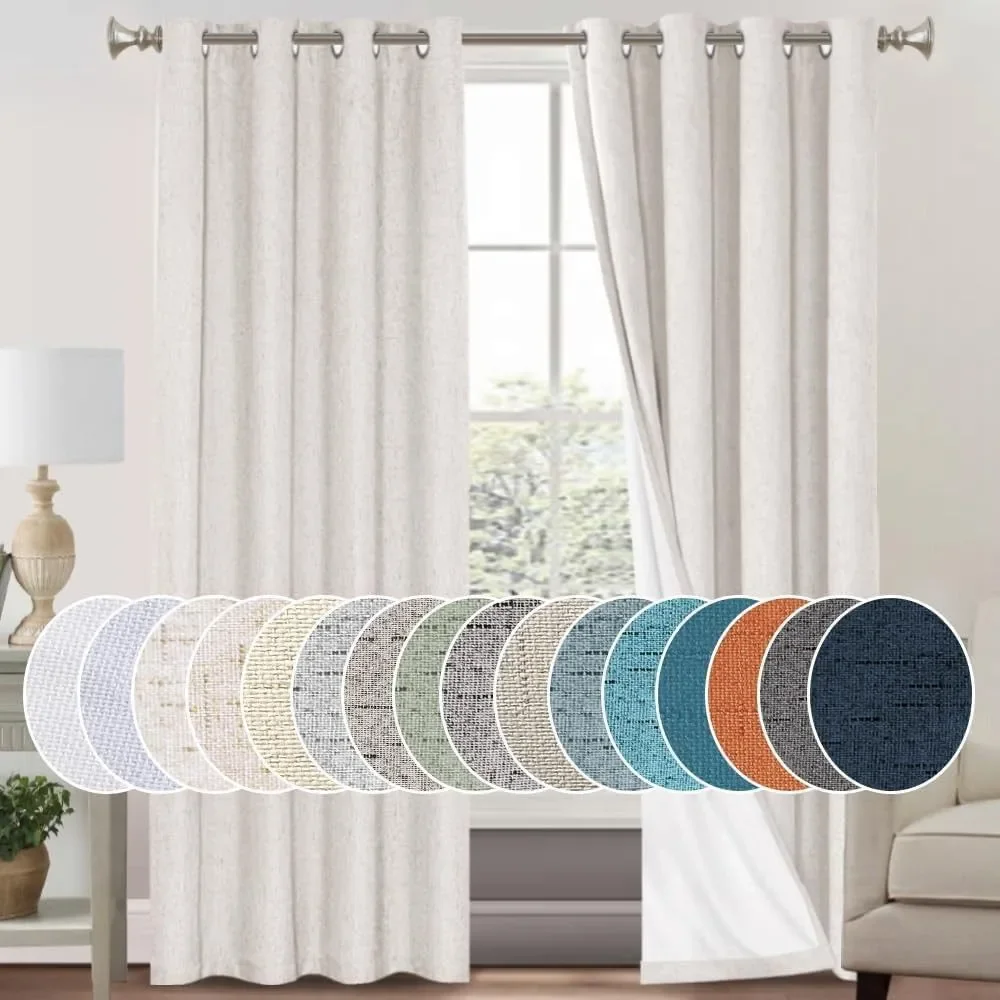 PrinceDeco Primitive Textured Linen 100% Blackout Curtains for Bedroom/Living